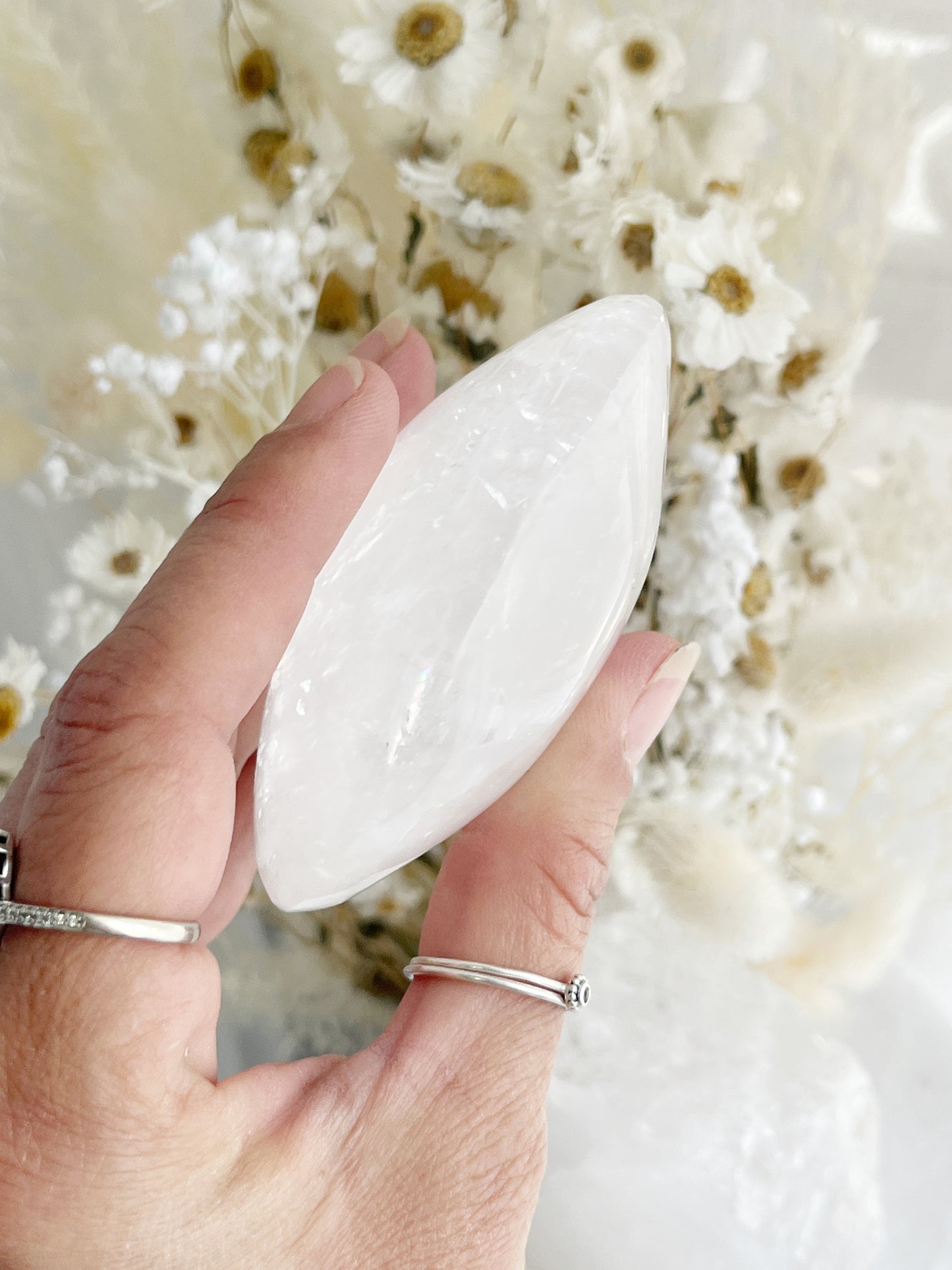 WHITE CALCITE XL PALMSTONE. STONED AND SAGED AUSTRALIA.