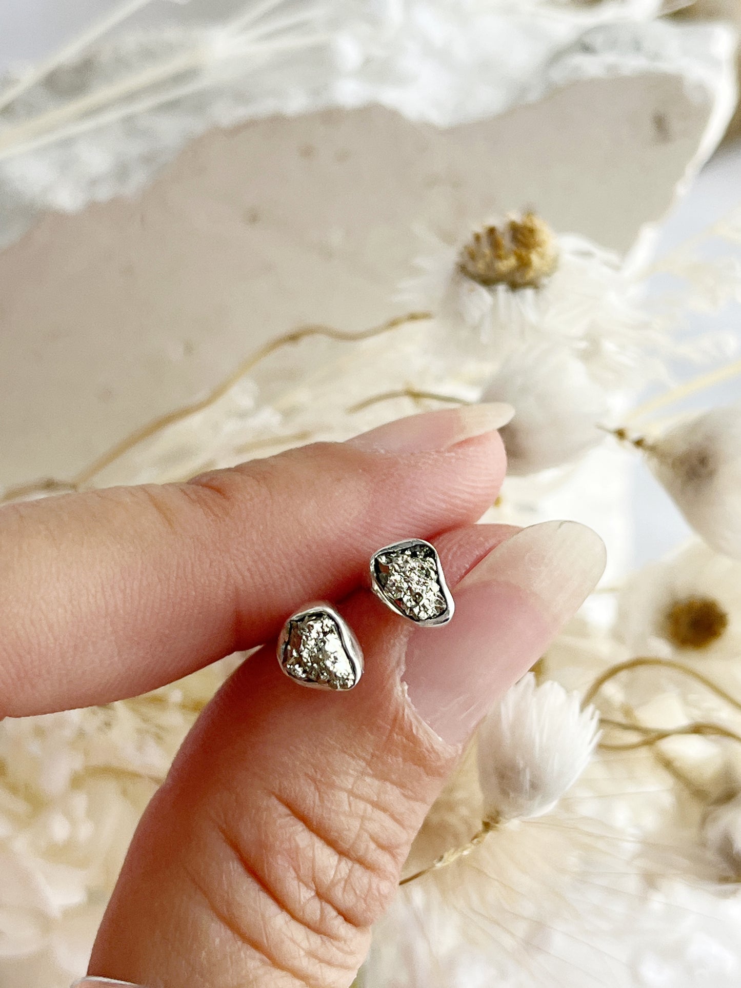 PYRITE STUD EARRINGS. STERLING SILVER. STONED AND SAGED AUSTRALIA.