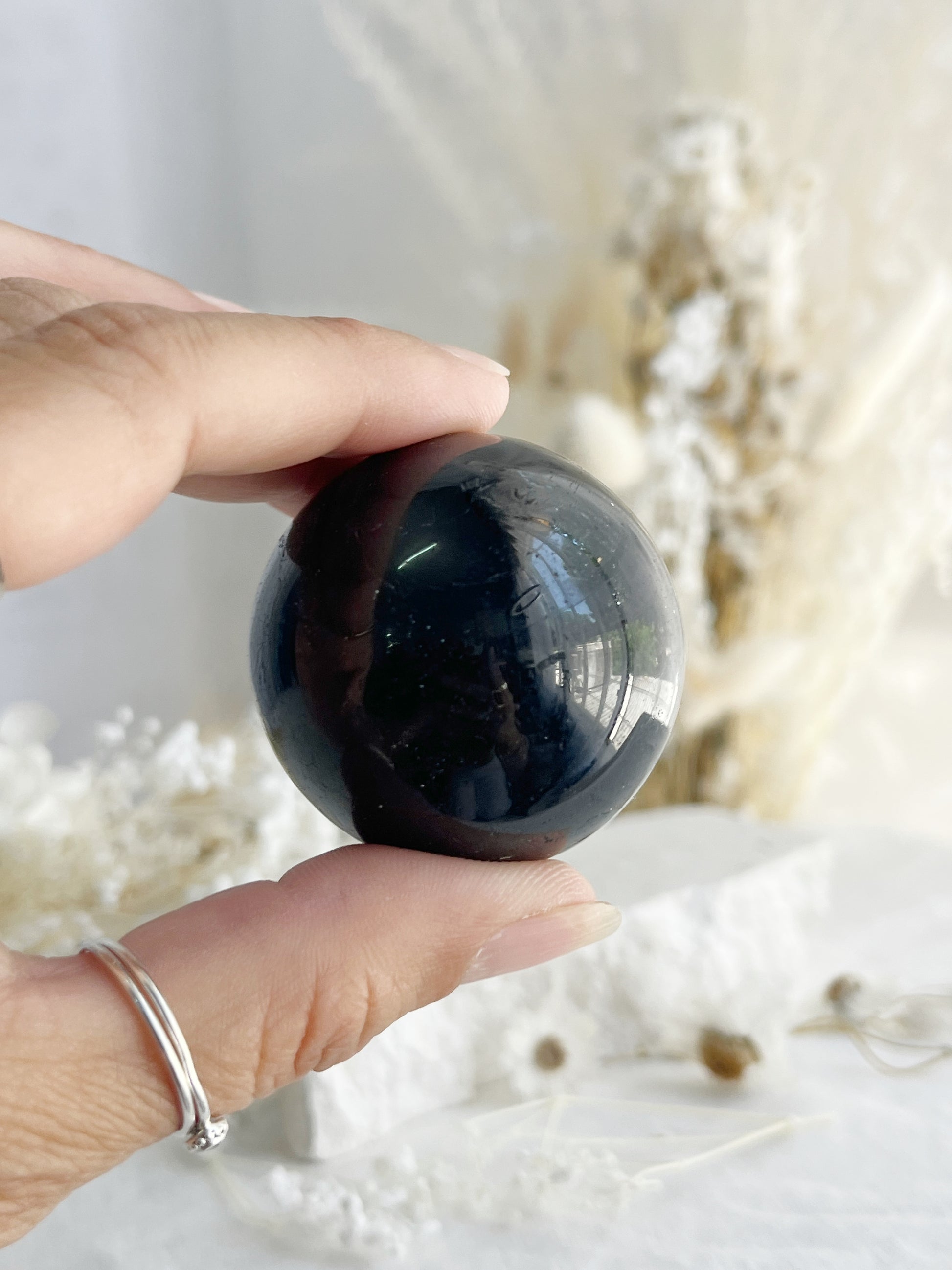 BLACK TOURMALINE SPHERE, 31047, STONED AND SAGED AUSTRALIA