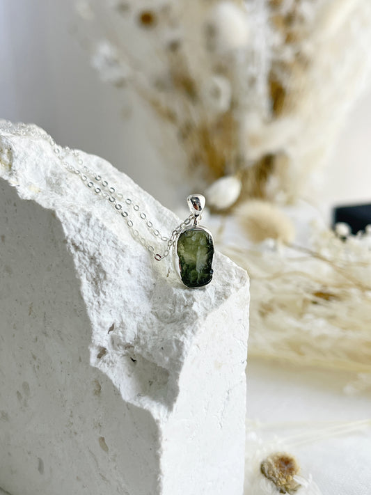 MOLDAVITE NECKLACE. STERLING SILVER. STONED AND SAGED AUSTRALIA.