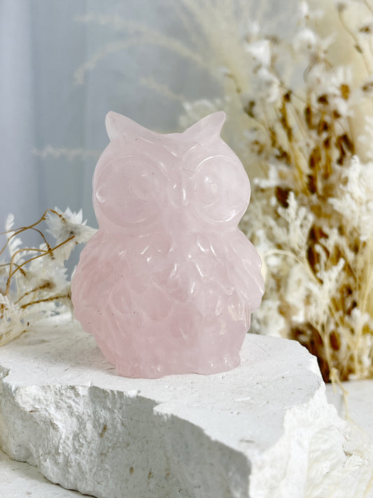 ROSE QUARTZ CRYSTAL  BIRD OWL CARVING AUSTRALIA SELF LOVE LOVE COMPASSION STONED AND SAGED 