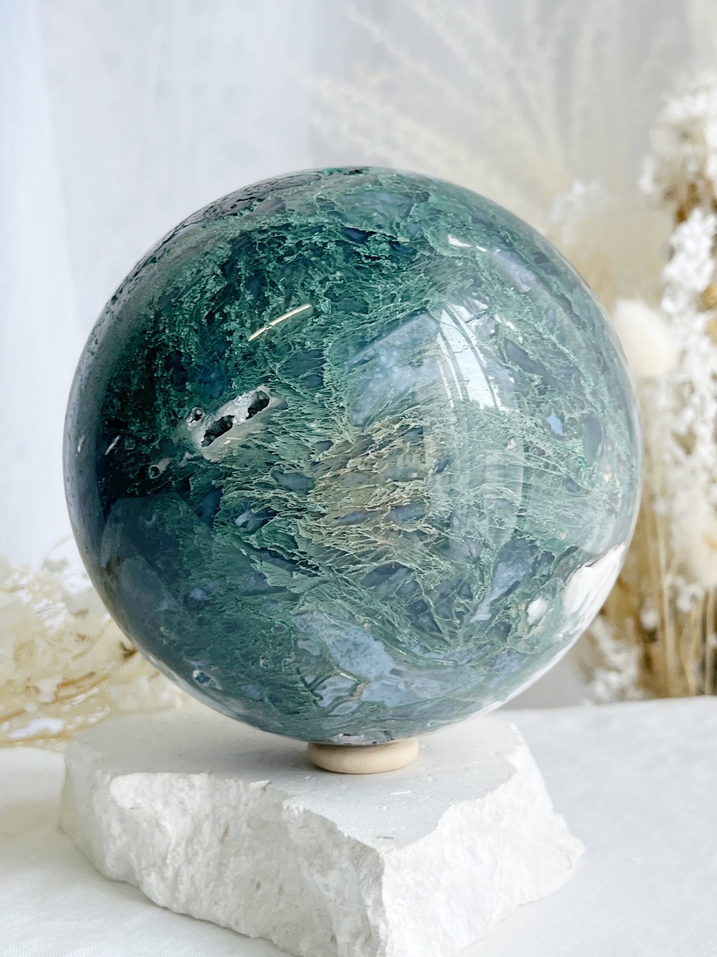 MOSS AGATE SPHERE APPROX 11.5CM. STONED AND SAGED AUSTRALIA