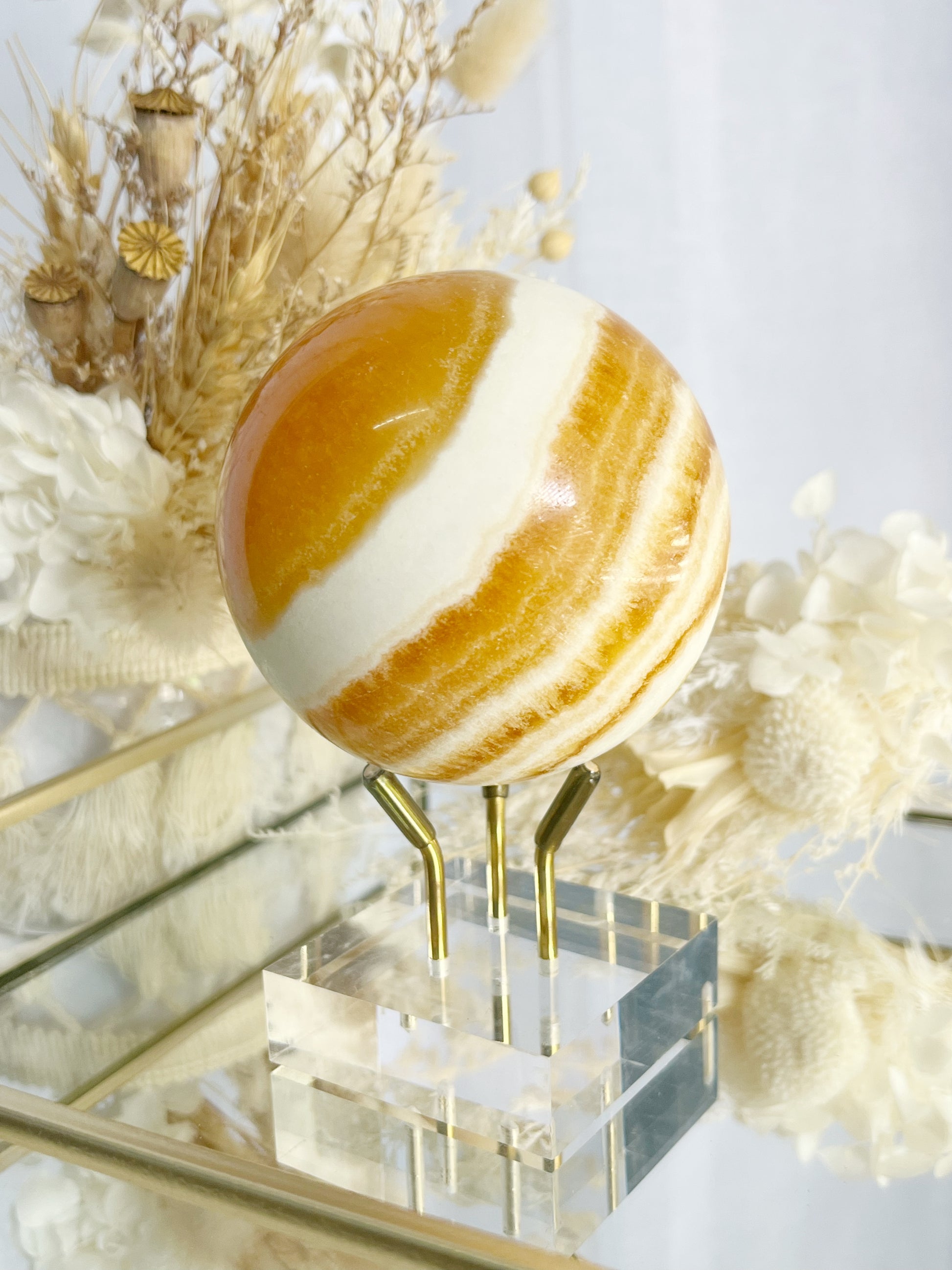 ORANGE CALCITE SPHERE, STONED AND SAGED AUSTRALIA