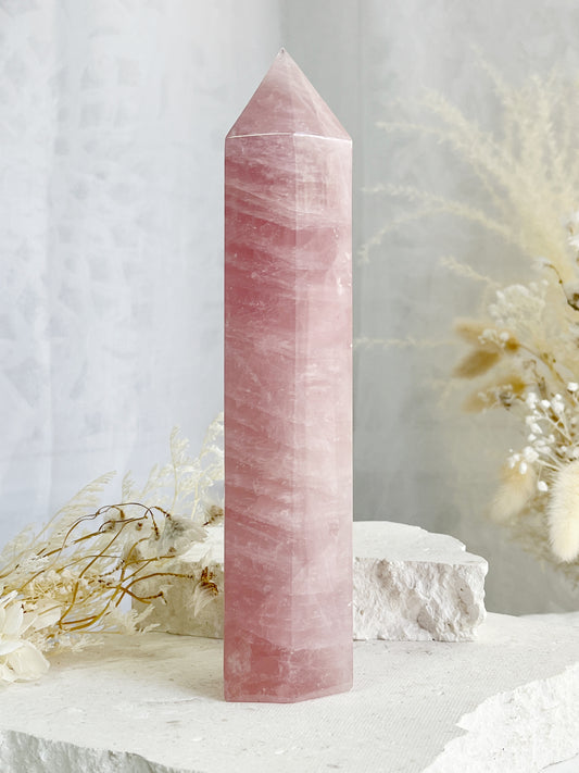 ROSE QUARTZ CRYSTAL TOWER GENERATOR POINT AUSTRALIA SELFLOVE LOVE COMPASSION STONED AND SAGED 