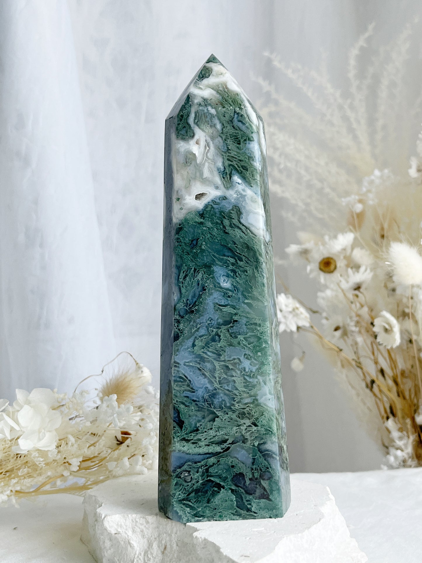 MOSS AGATE TOWER 18CM. STONED AND SAGED AUSTRALIA.