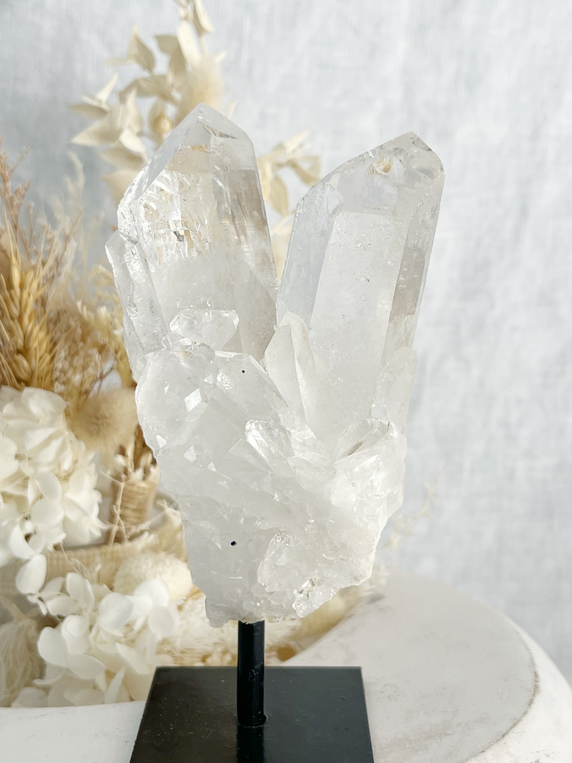 CLEAR QUARTZ CLUSTER ON STAND, STONED AND SAGED AUSTRALIA