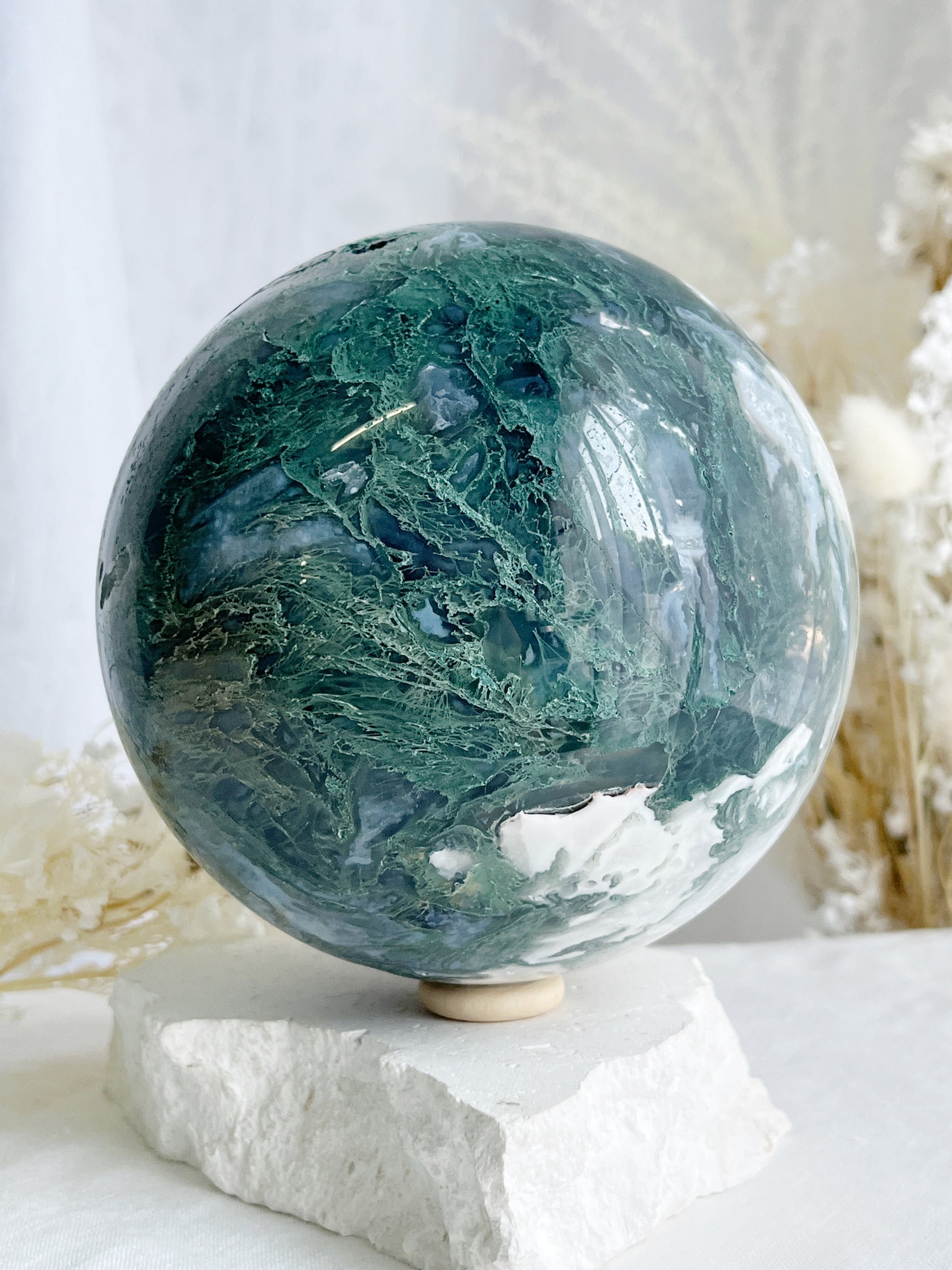 MOSS AGATE SPHERE APPROX 11.5CM. STONED AND SAGED AUSTRALIA