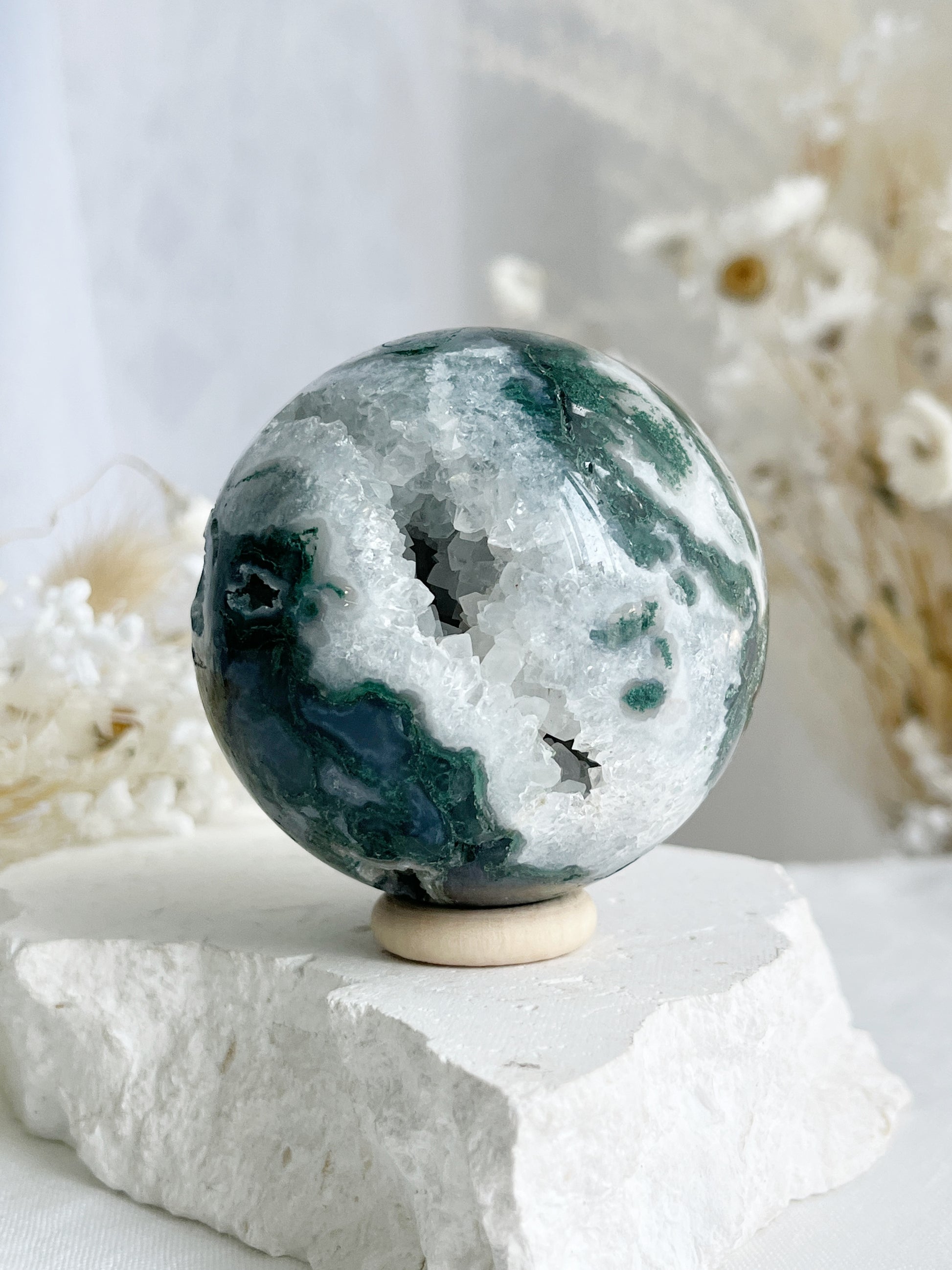 MOSS AGATE SPHERE APPROX 6CM. STONED AND SAGED AUSTRALIA.