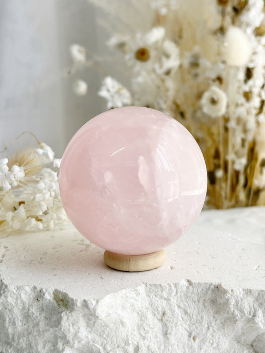 ROSE QUARTZ SPHERE APPROX 5.7CM. STONED AND SAGED AUSTRALIA.