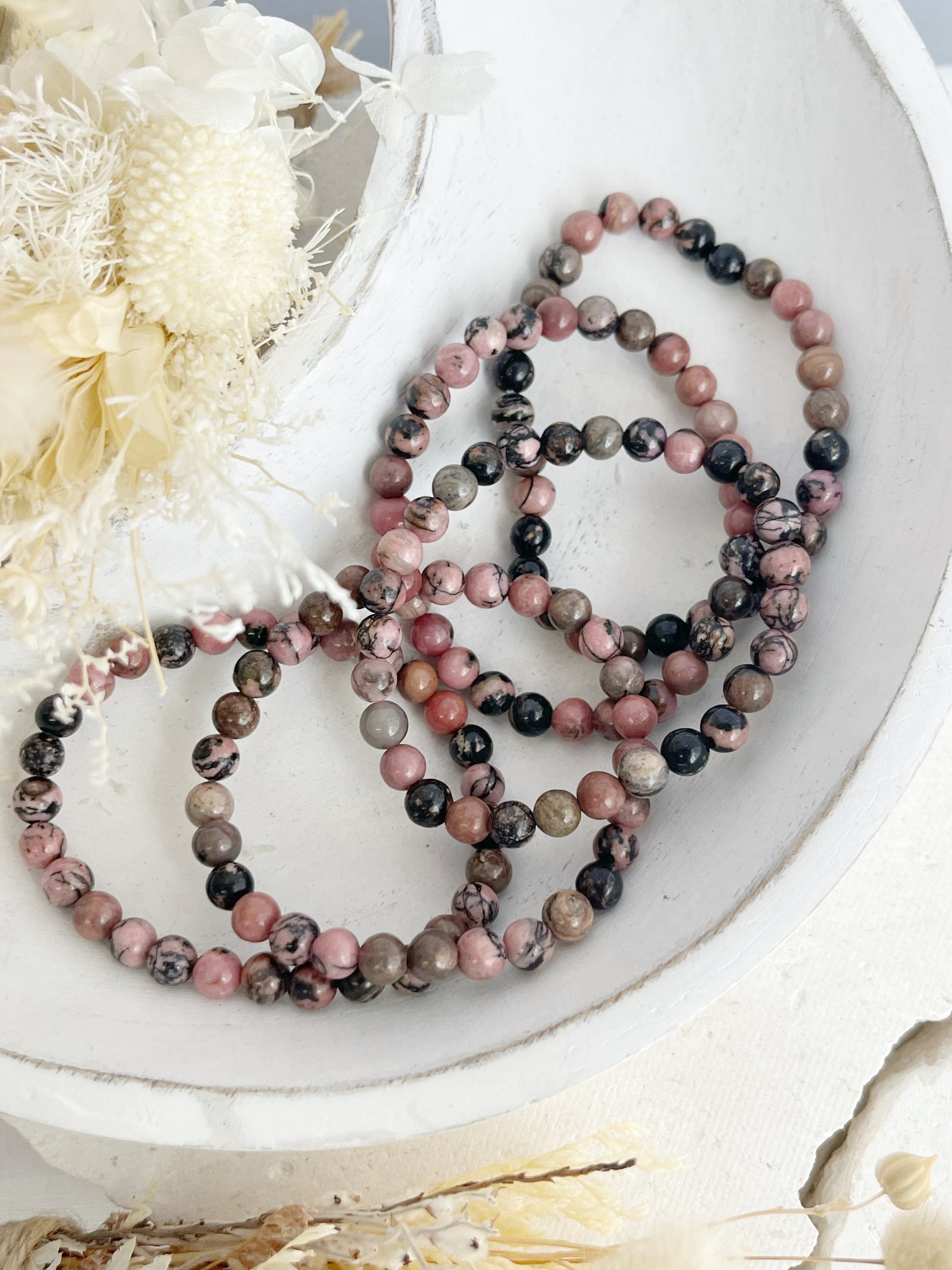 RHODONITE BEAD BRACELET, 6MM, STONED AND SAGED AUSTRALIA