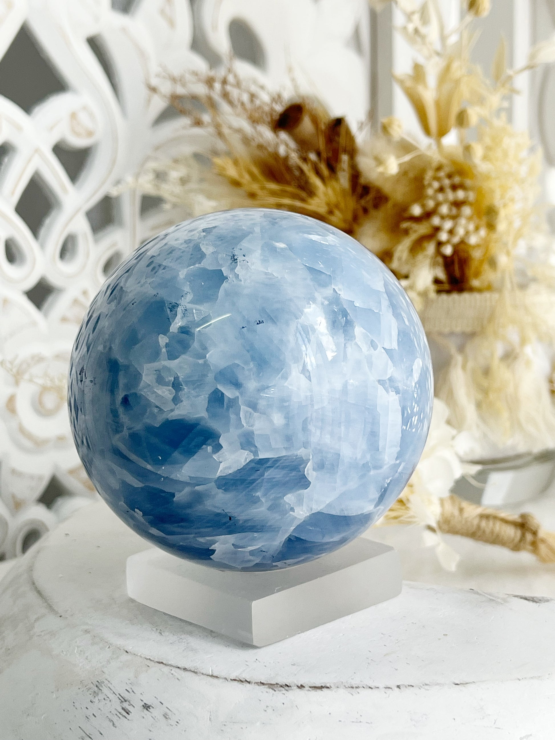 BLUE CALCITE SPHERE, STONED AND SAGED AUSTRALIA
