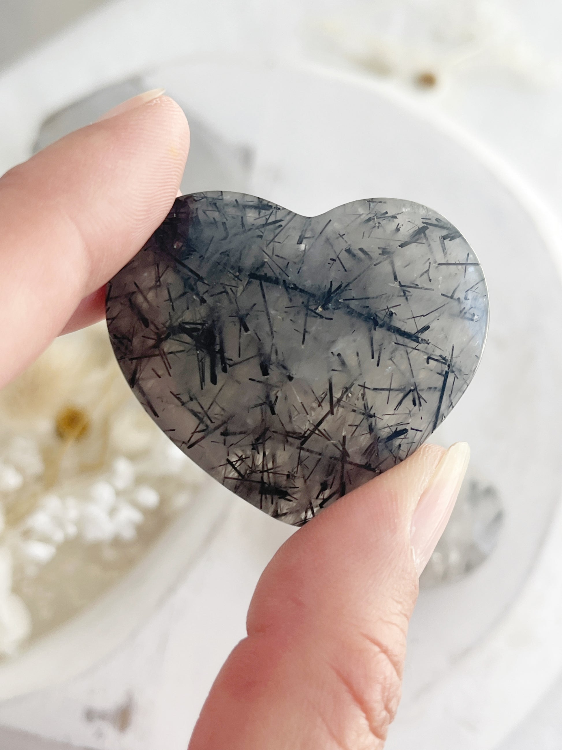 TOURMALINATED QUARTZ HEART. STONED AND SAGED AUSTRALIA.