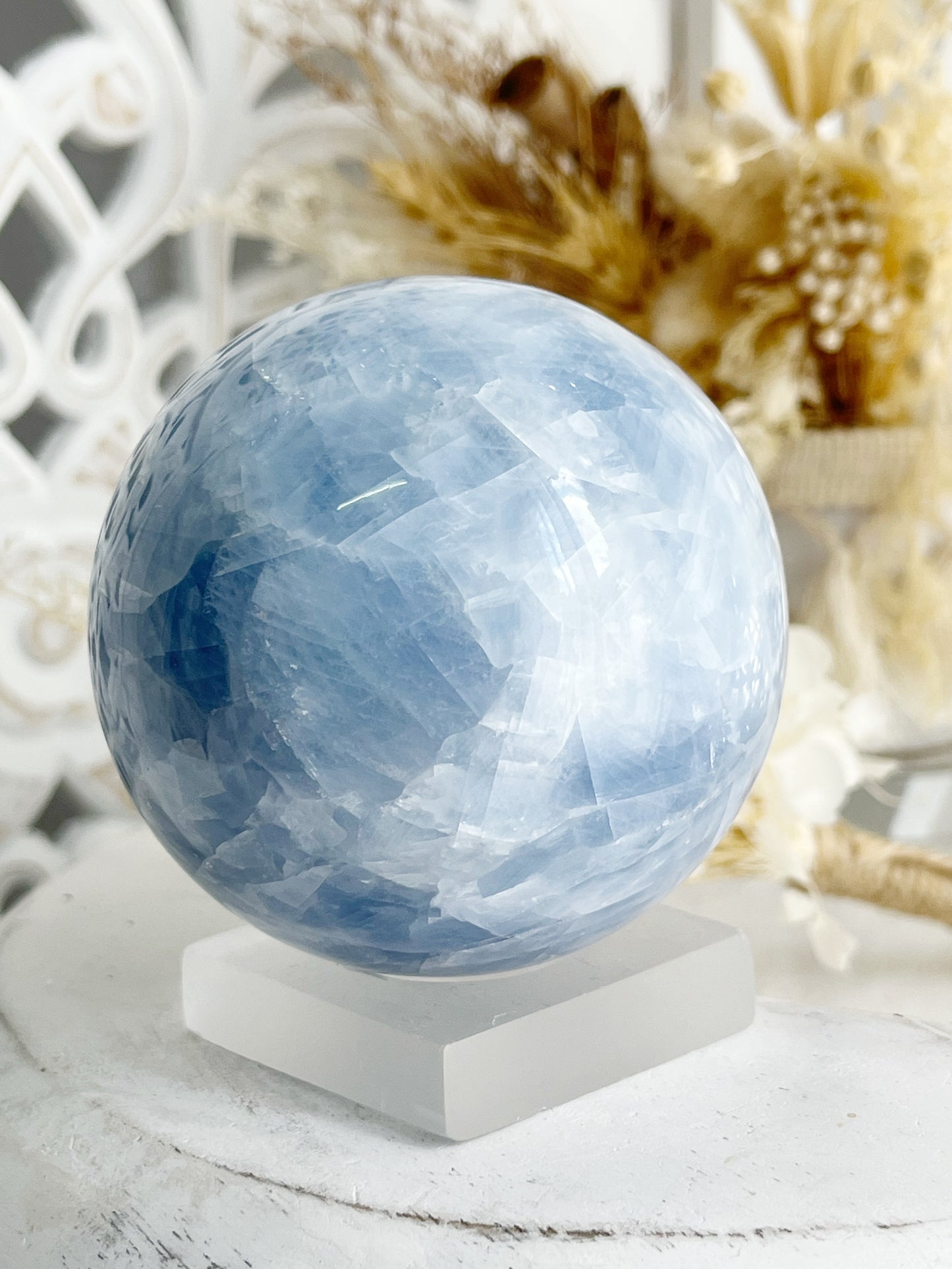 BLUE CALCITE SPHERE, STONED AND SAGED AUSTRALIA