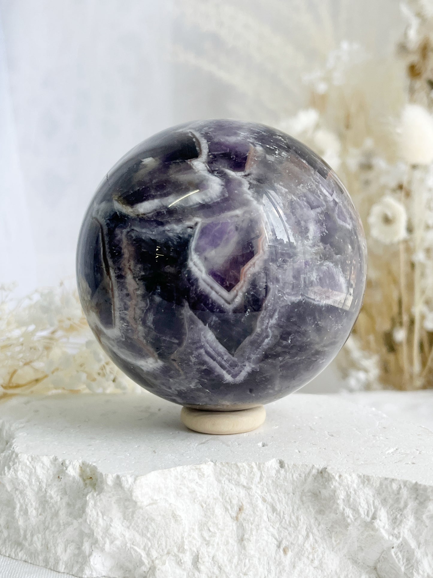 DREAM AMETHYST SPHERE APPROX 7.9CM. STONED AND SAGED AUSTRALIA.