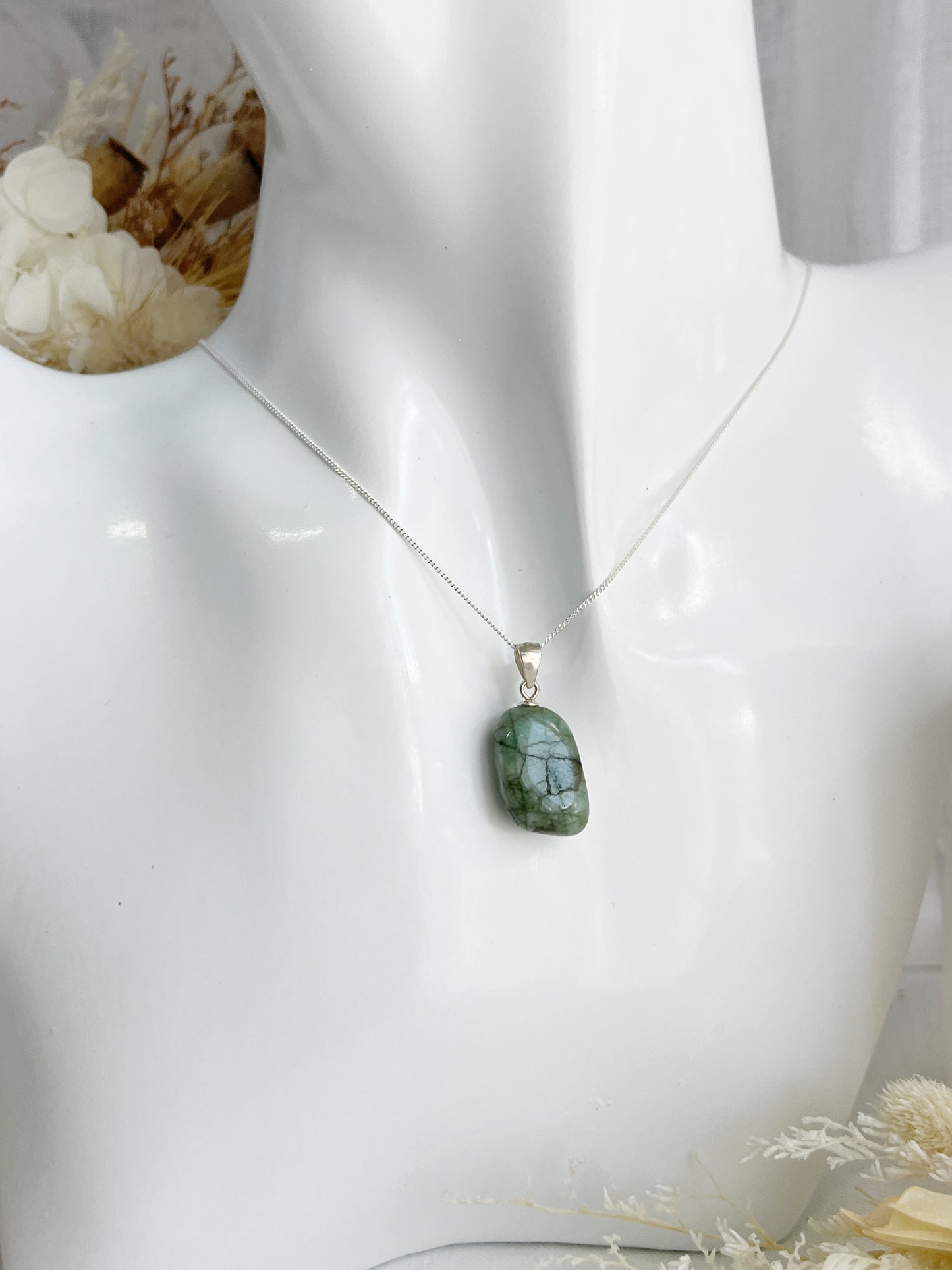 EMERALD TUMBLE NECKLACE, SILVER STERLING, STONED AND SAGED AUSTRALIA