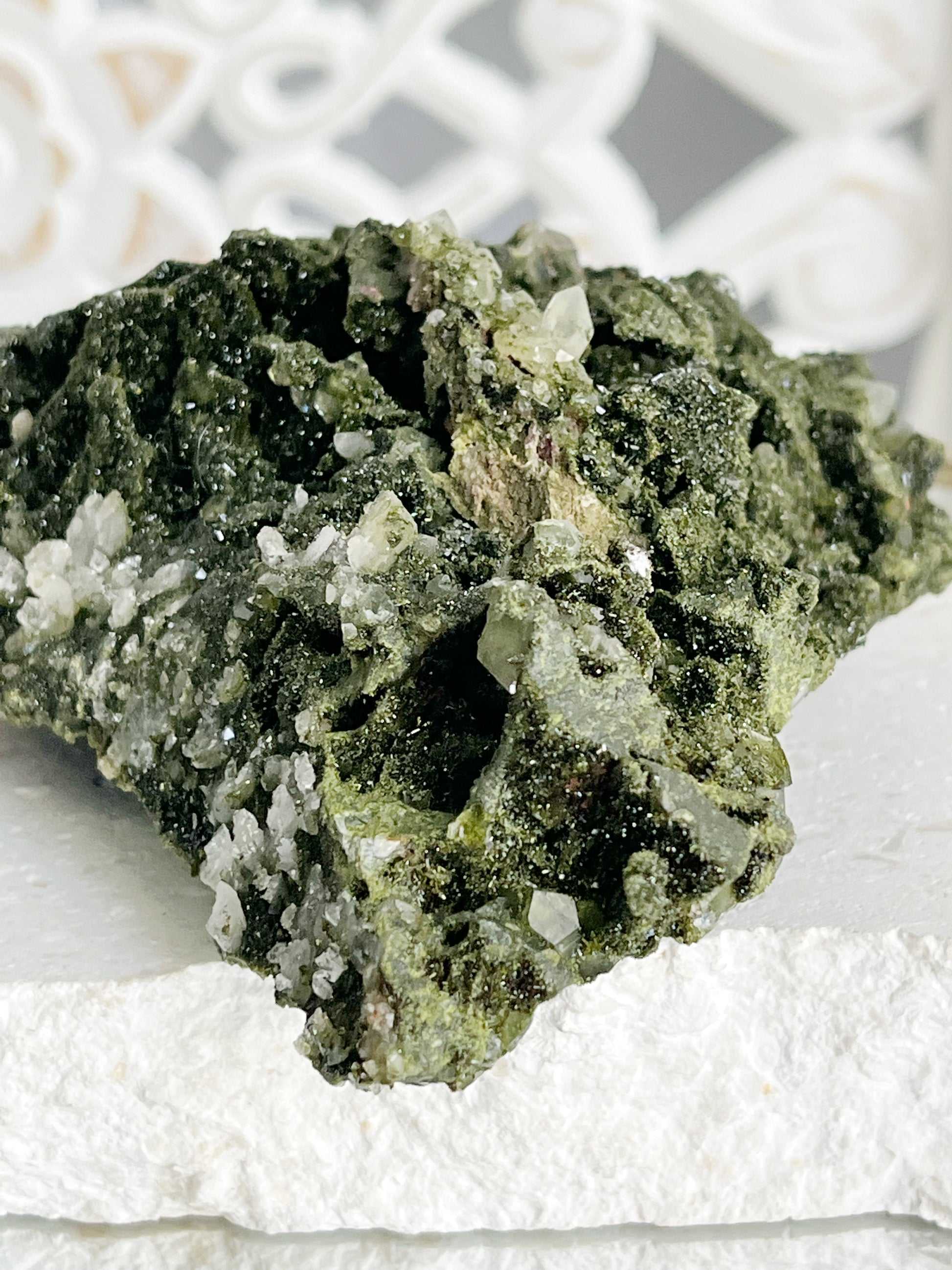 FOREST EPIDOTE WITH QUARTZ, STONED AND SAGED AUSTRALIA