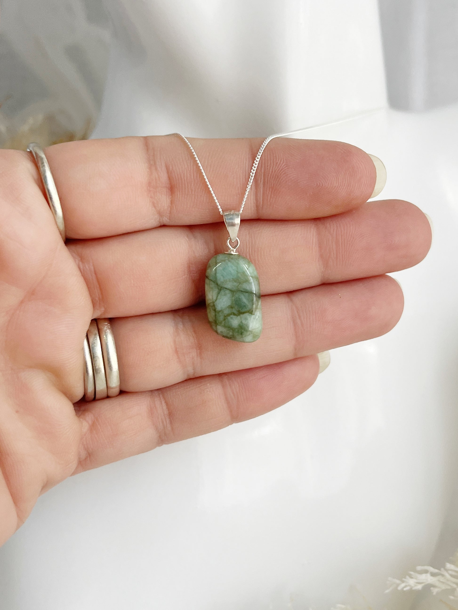 EMERALD TUMBLE NECKLACE, SILVER STERLING, STONED AND SAGED AUSTRALIA