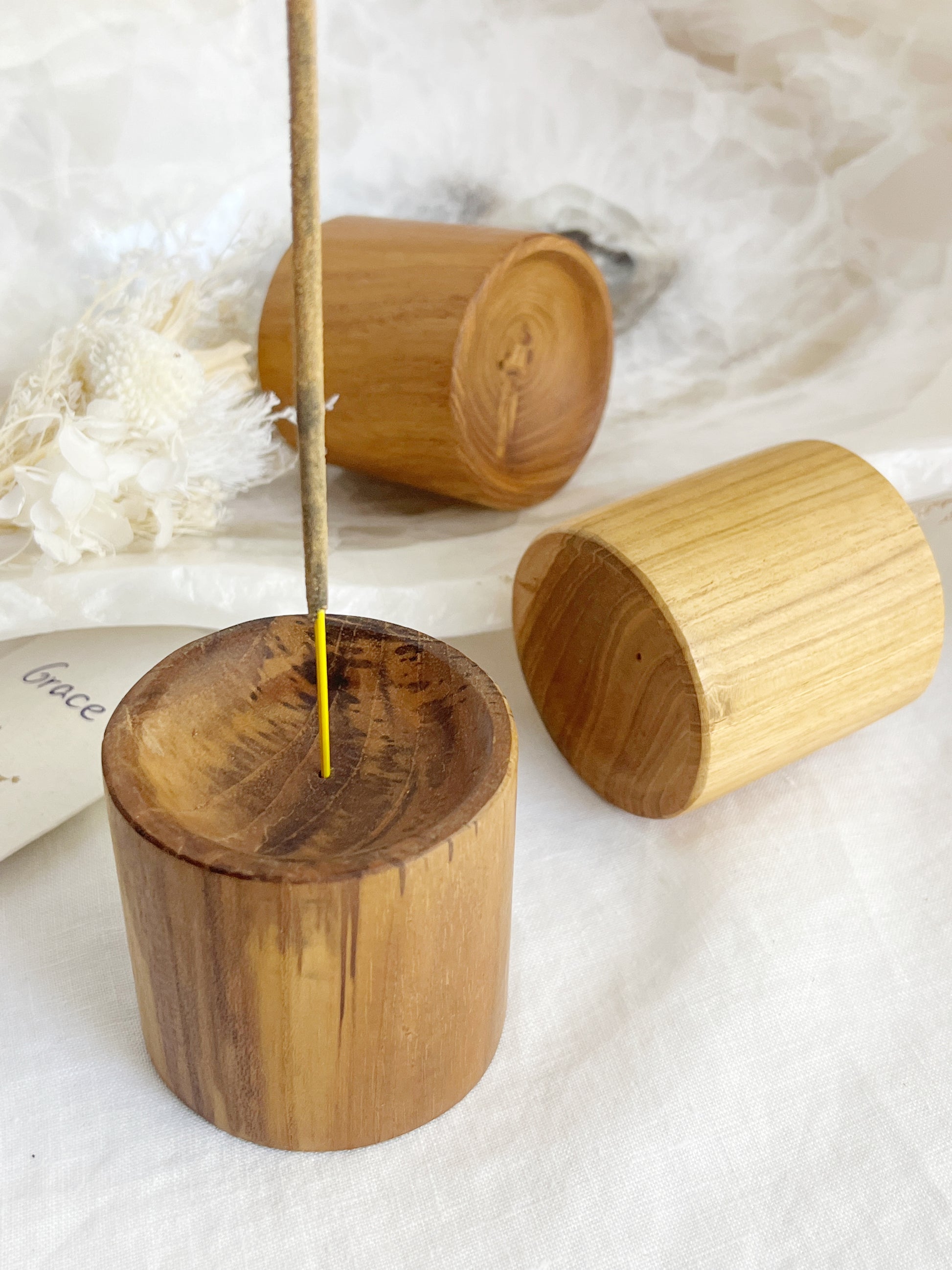 TEAK CYLINDER INSENCE HOLDER. STONED AND SAGED AUSTRALIA