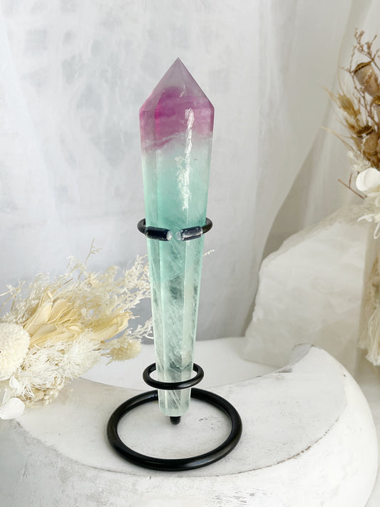 RAINBOW FLUORITE WAND IN BLACK STAND, STONED AND SAGED AUSTRALIA