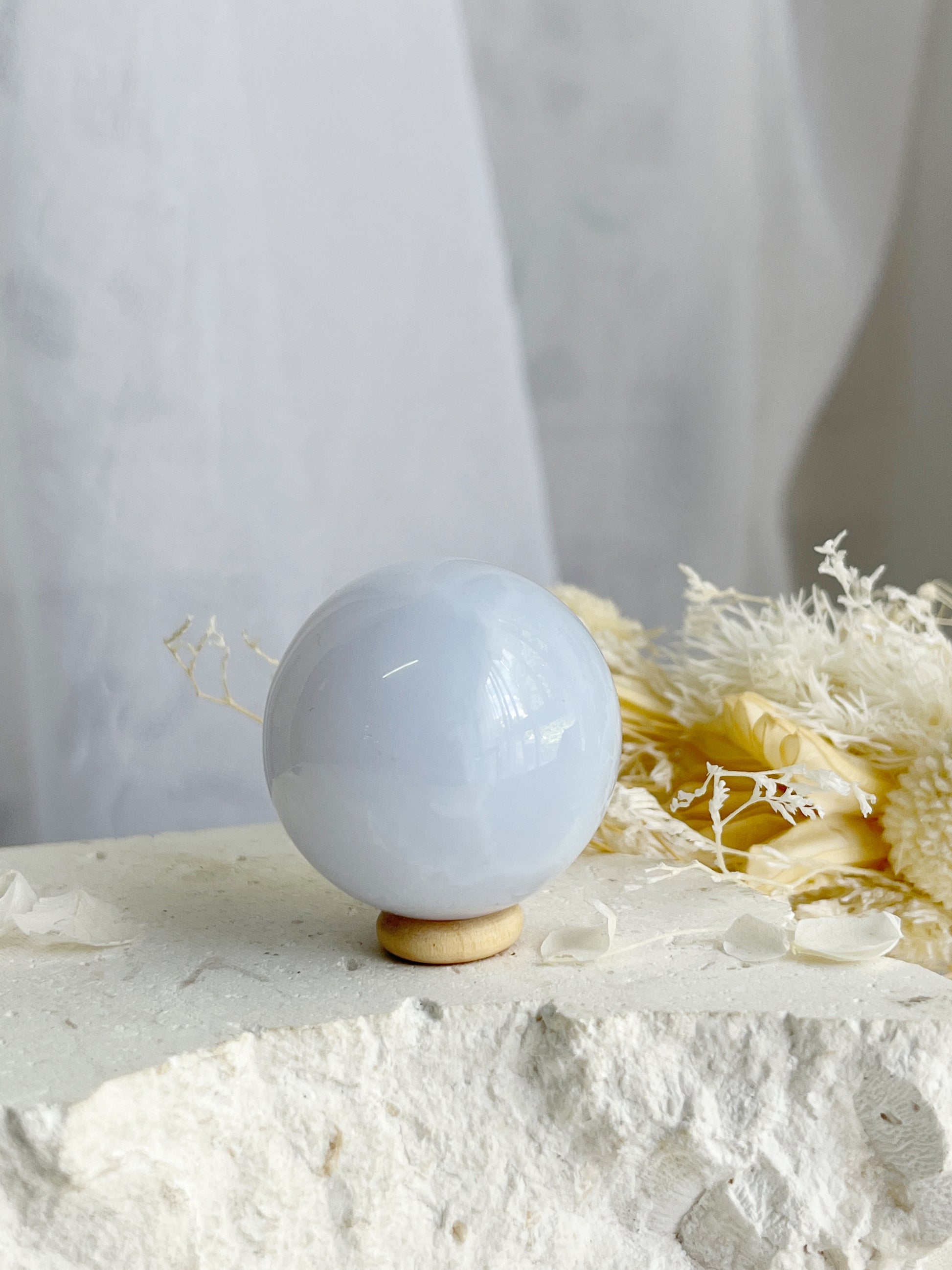 BLUE CHALCEDONY SPHERE, STONED AND SAGED AUSTRALIA