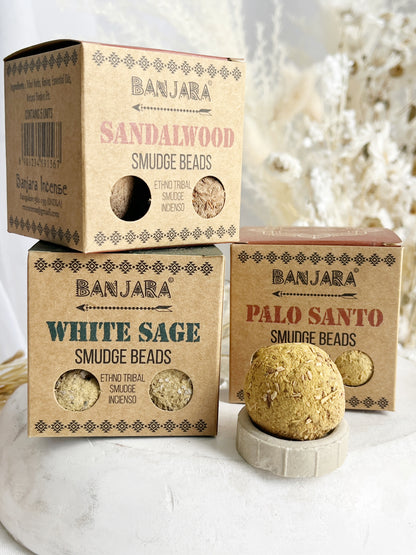 BANJARA SMUDGE BEADS. WHITE SAGE, SANDALWOOD OR PALO SANTO. STONED AND SAGED AUSTRALIA.