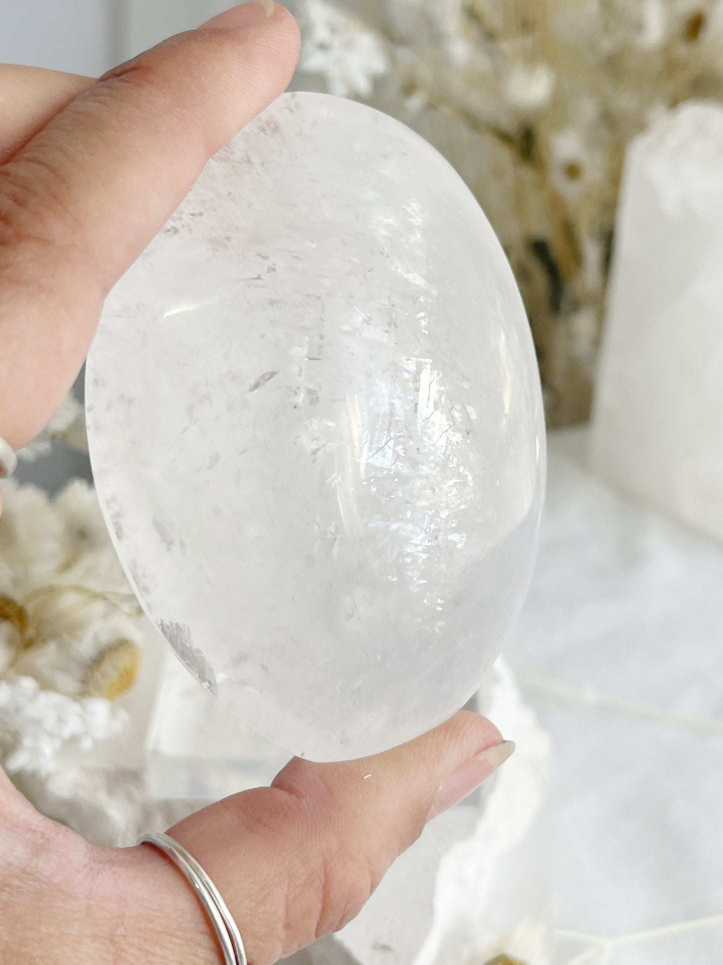 WHITE CALCITE XL PALMSTONE. STONED AND SAGED AUSTRALIA.