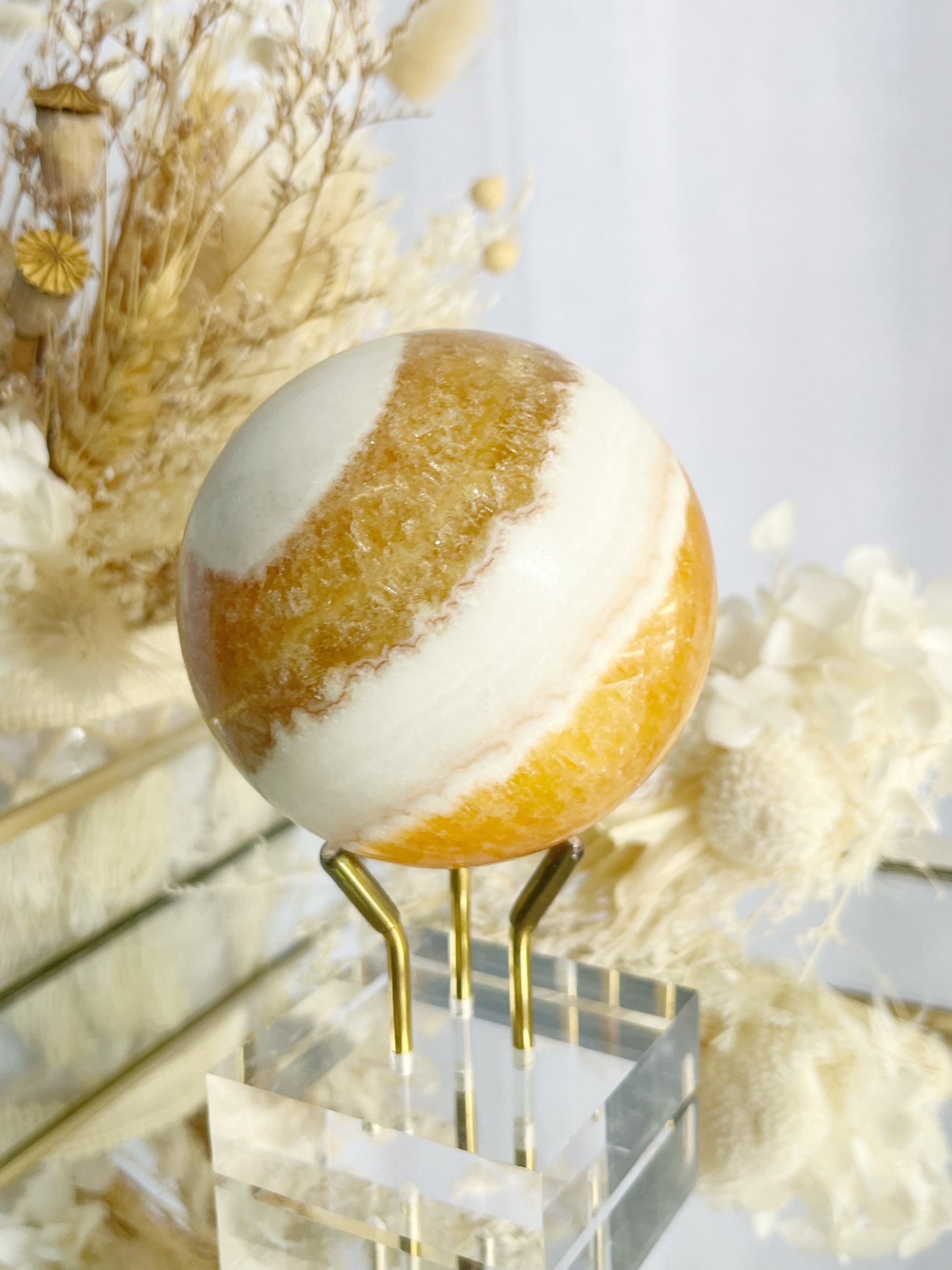 ORANGE CALCITE SPHERE, STONED AND SAGED AUSTRALIA