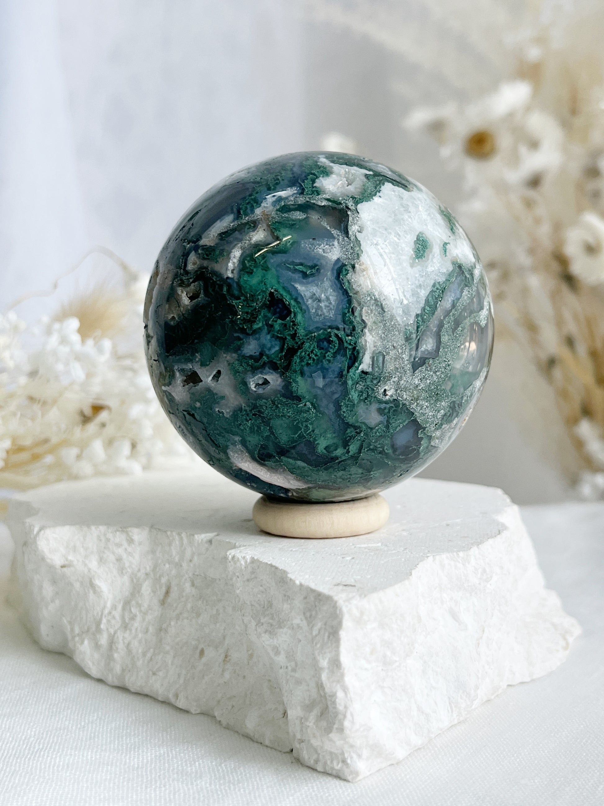 MOSS AGATE SPHERE APPROX 6CM. STONED AND SAGED AUSTRALIA.