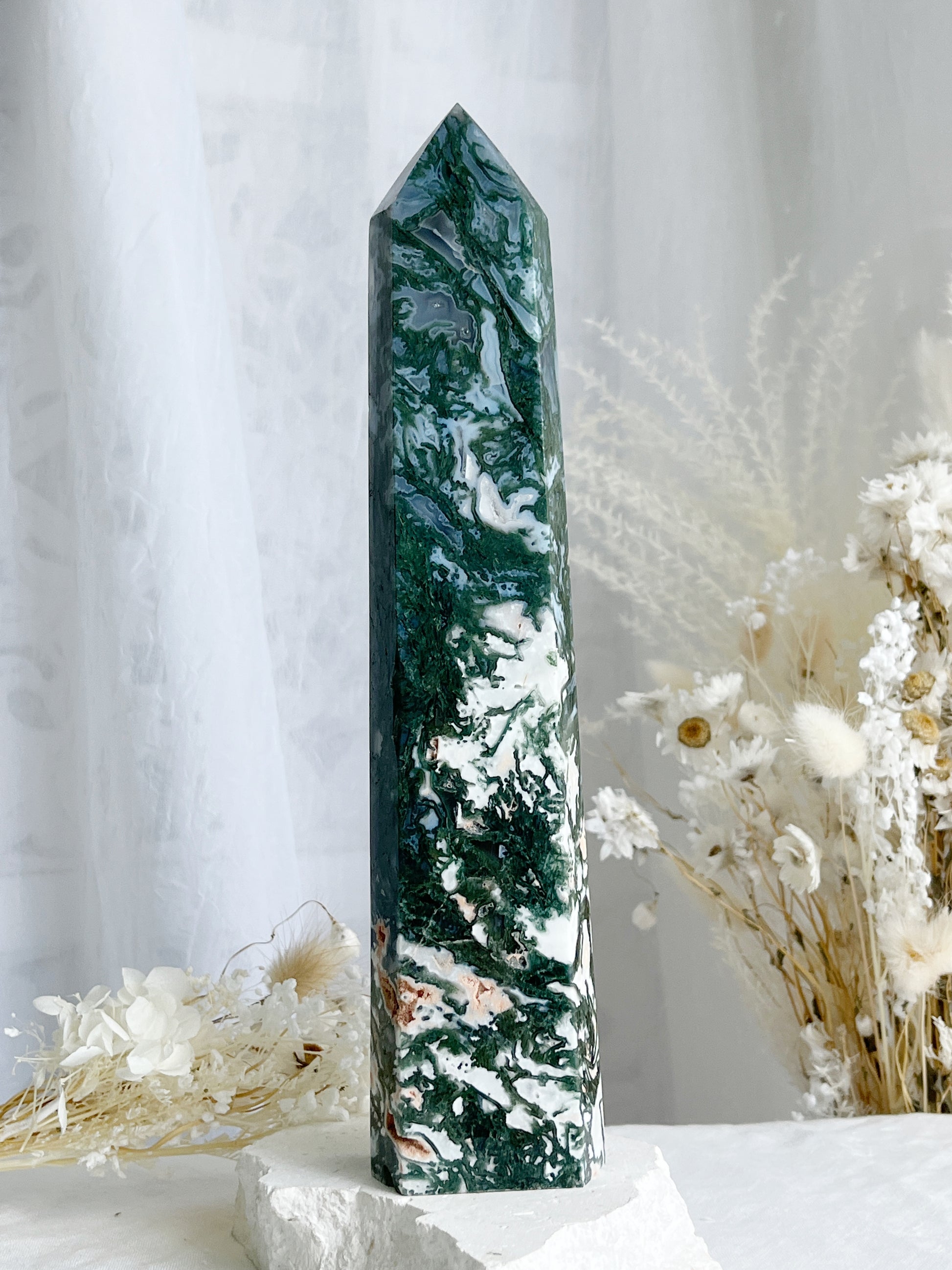 MOSS AGATE TOWER 25CM. STONED AND SAGED AUSTRALIA.