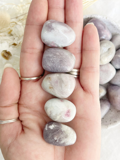 PINK TOURMALINE X LEPIDOLITE TUMBLE. STONED AND SAGED AUSTRALIA.