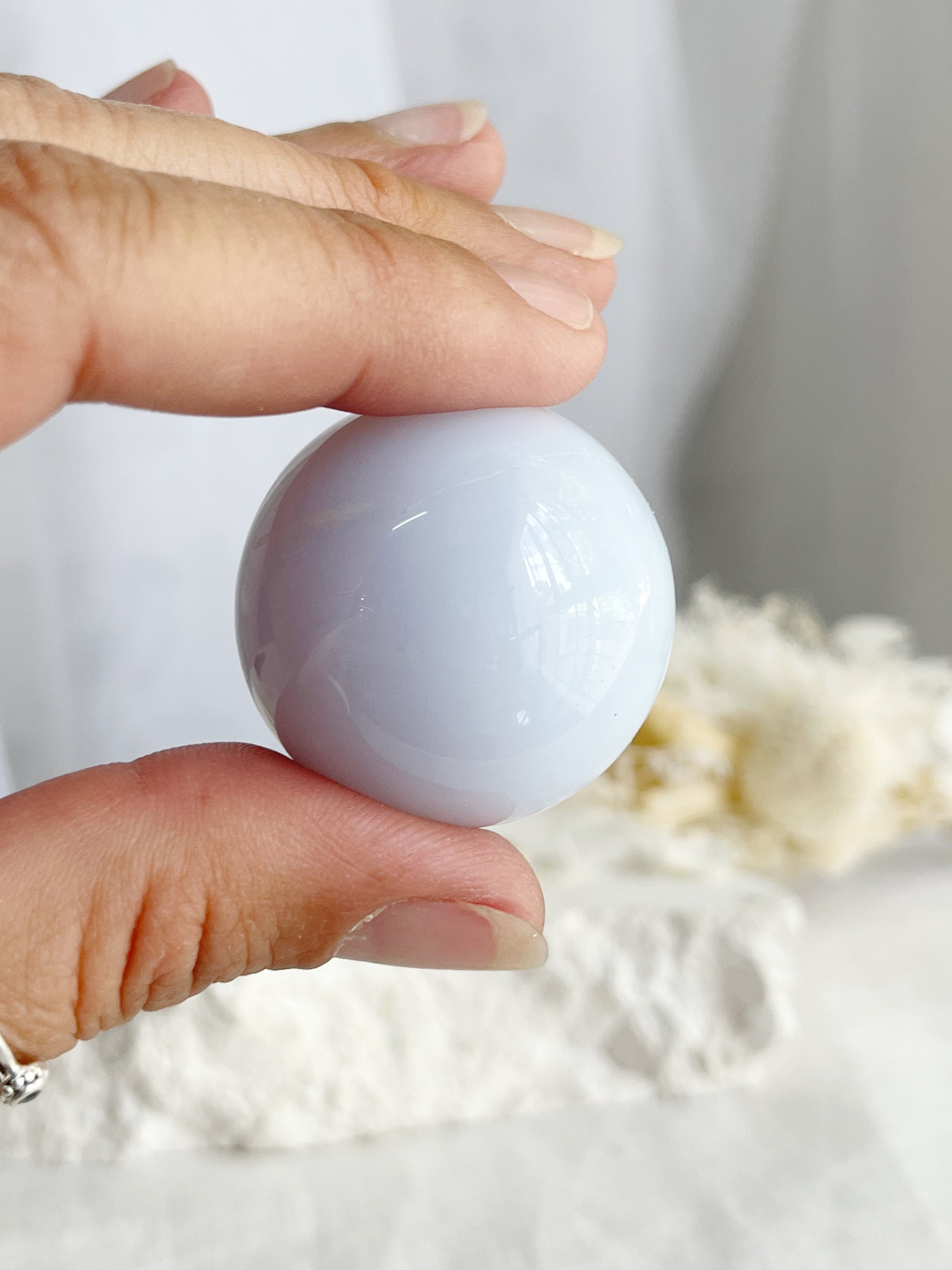 BLUE CHALCEDONY SPHERE, STONED AND SAGED AUSTRALIA