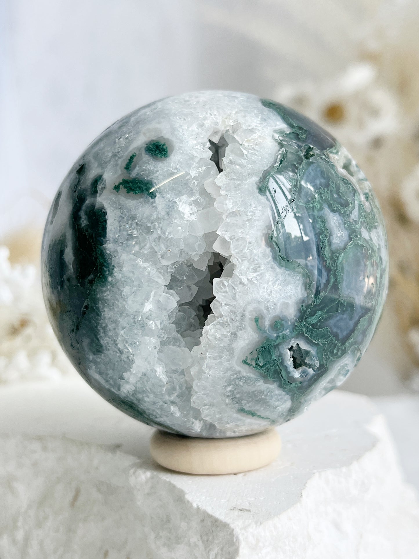 MOSS AGATE SPHERE APPROX 6CM. STONED AND SAGED AUSTRALIA.