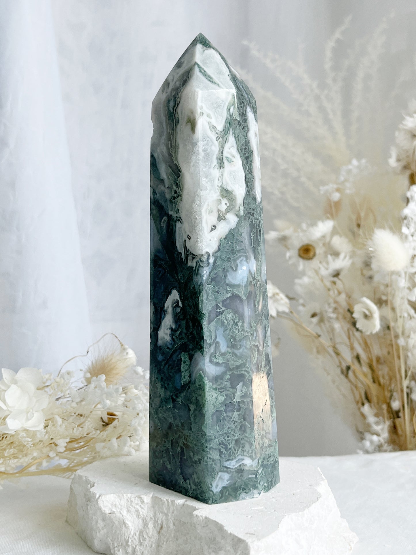 MOSS AGATE TOWER 18CM. STONED AND SAGED AUSTRALIA.