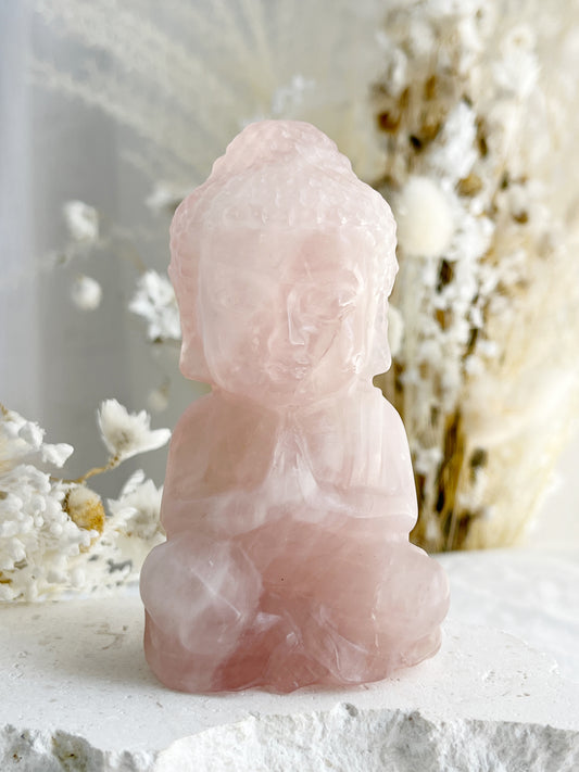 ROSE QUARTZ BUDDHA APPROX 10CM. STONE AND SAGED AUSTRALIA.