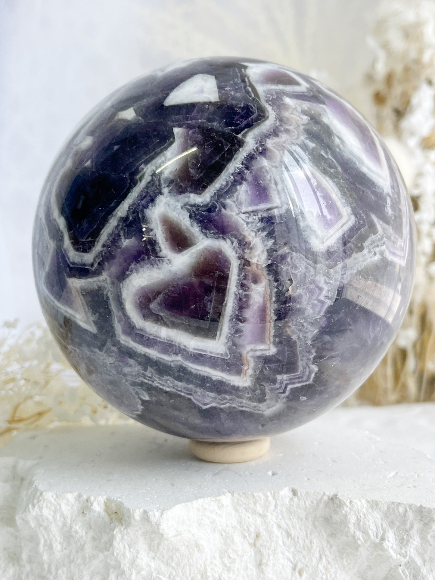 DREAM AMETHYST SPHERE APPROX 7.9CM. STONED AND SAGED AUSTRALIA.