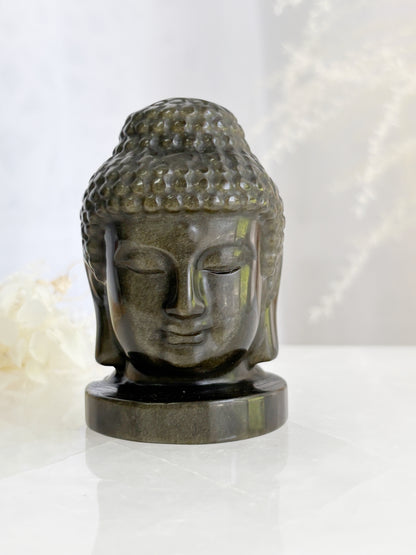 GOLD SHEEN OBSIDIAN BUDDHA HEAD CARVING STONED AND SAGED AUSTRALIA