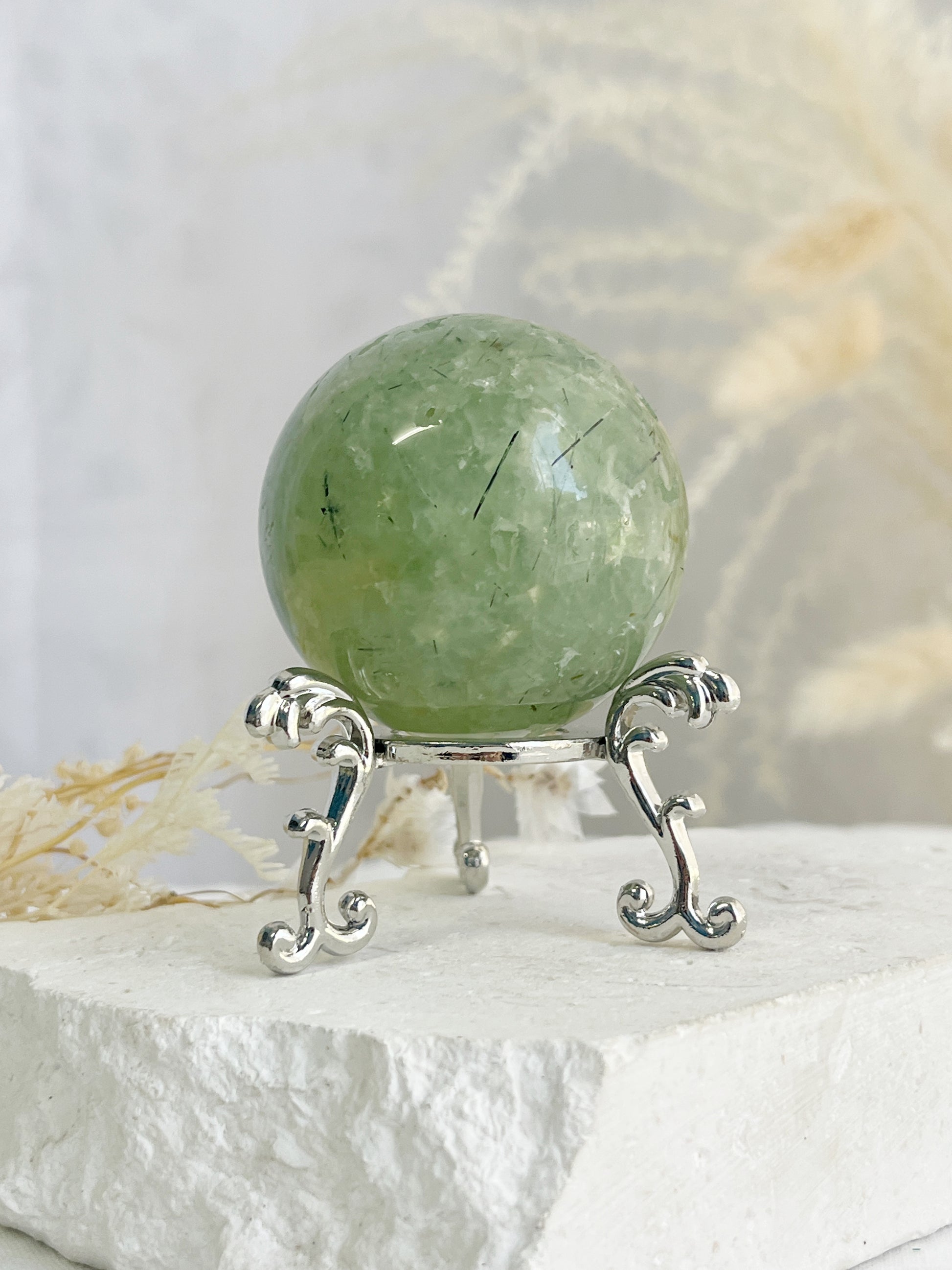 PREHNITE WITH TOURMALINE CRYSTAL SPHERE EMERALD QLD AUSTRALIA