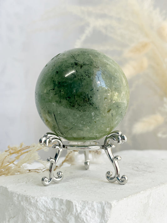 PREHNITE WITH TOURMALINE CRYSTAL SPHERE EMERALD QLD AUSTRALIA