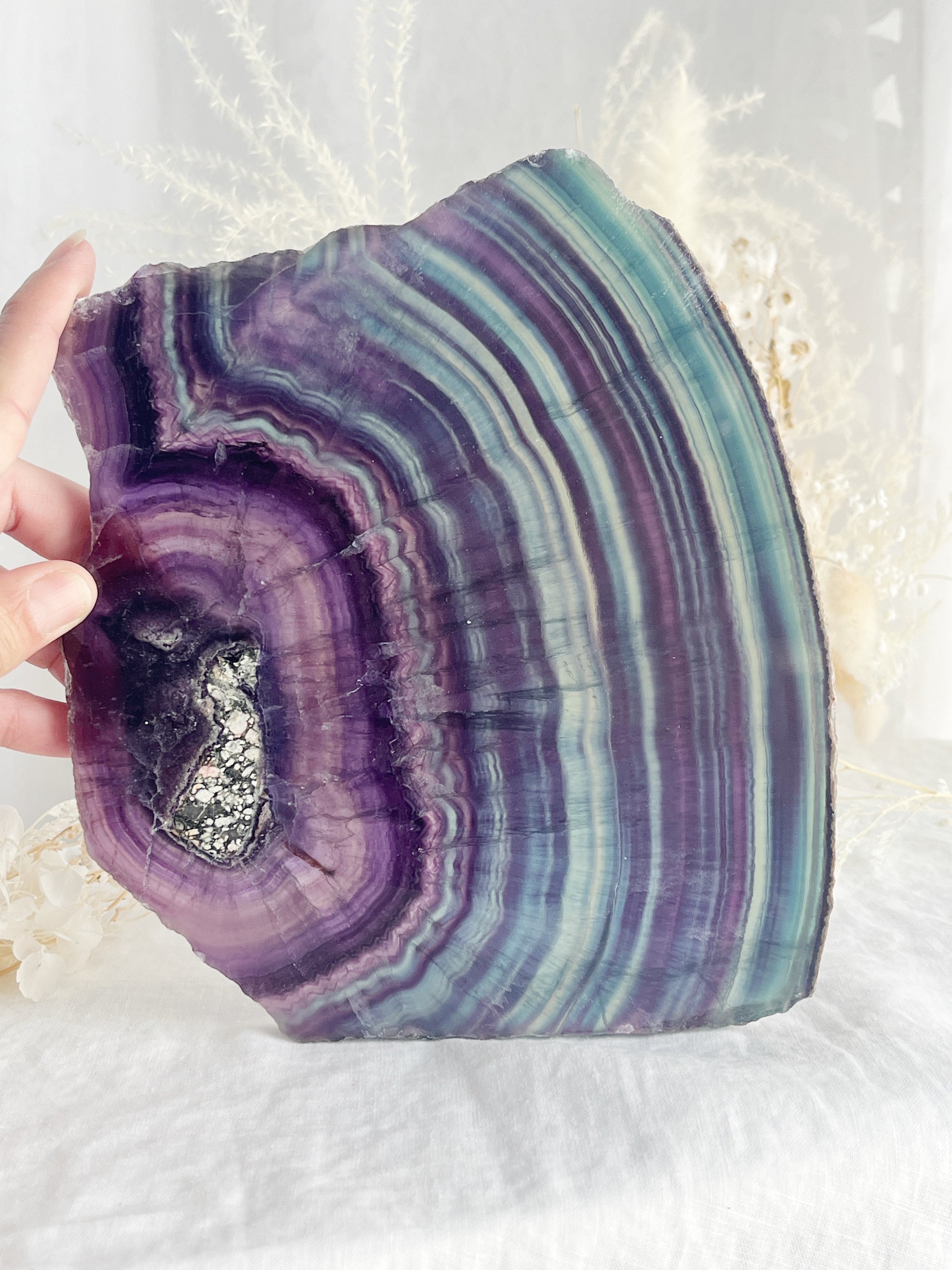 RAINBOW FLUORITE SLAB SLICE TRAY, STONED AND SAGED CRYSTALS AUSTRALIA