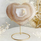 BROWN BEIGE AND WHITE DRUZE AGATE HEART CARVING ON STAND AUSTRALIA