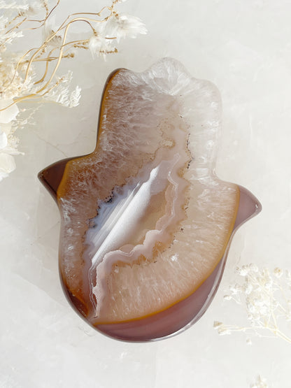 BROWN AND WHITE DRUZE AGATE HAMSA HAND CARVING AUSTRALIA