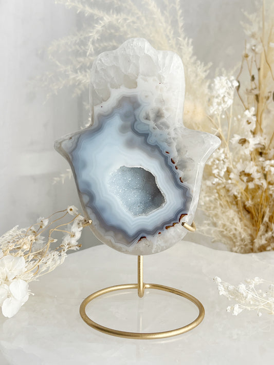BLUE GREY WHITE DRUZE AGATE HAMSA HAND CARVING AUSTRALIA