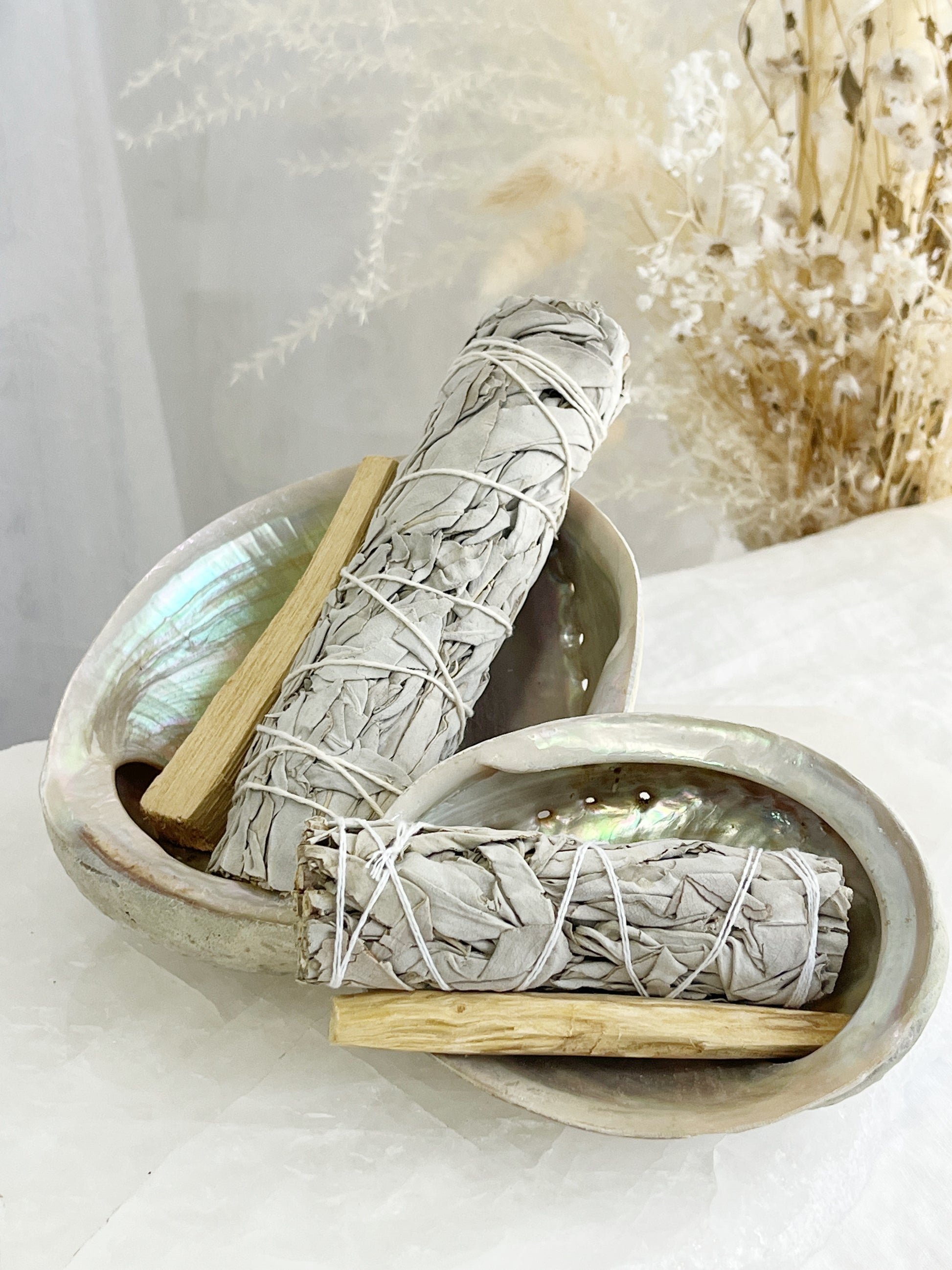 White Sage cleansing smudging kit, Australia. Abalone Shell, white sage stick, palo santo holy wood stick