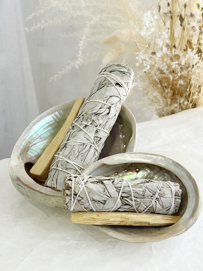 White Sage cleansing smudging kit, Australia. Abalone Shell, white sage stick, palo santo holy wood stick