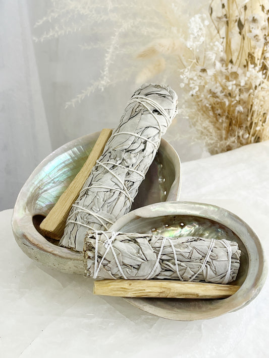 White Sage cleansing smudging kit, Australia. Abalone Shell, white sage stick, palo santo holy wood stick