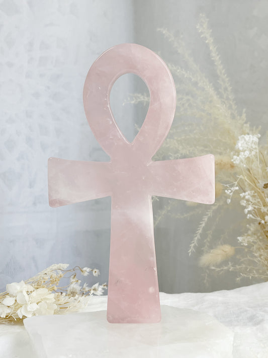 rose quartz ankh carving, stoned and saged crystal shop australia
