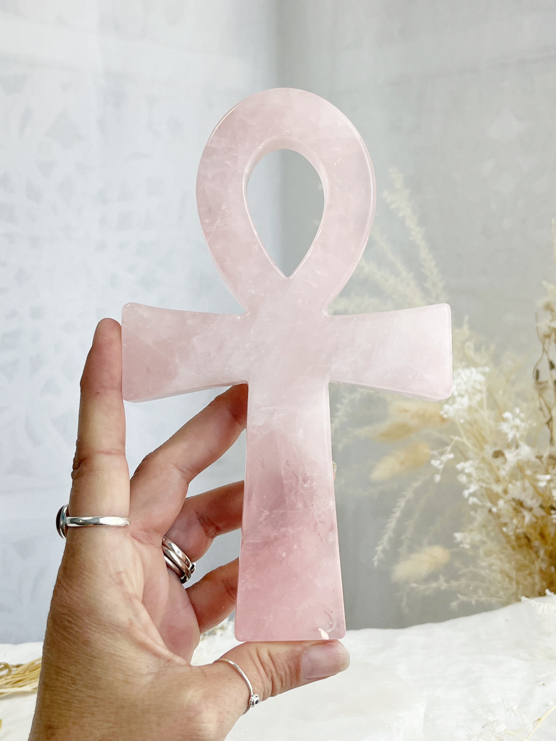 rose quartz ankh carving, stoned and saged crystal shop australia