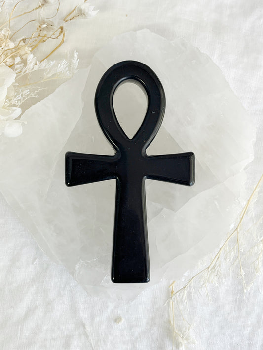 obsidian ankh carving, stoned and saged crystal shop Australia