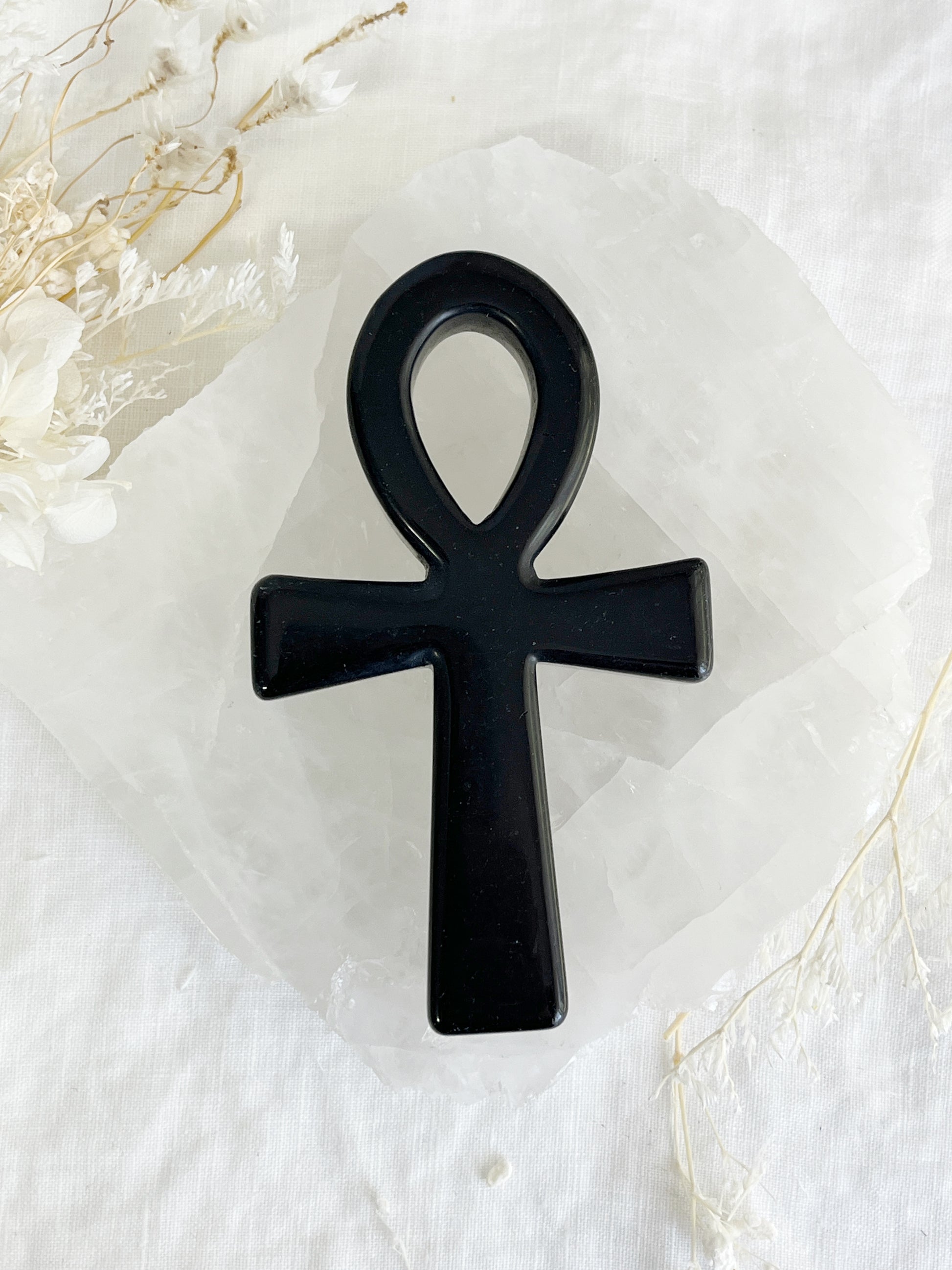 obsidian ankh carving, stoned and saged crystal shop Australia