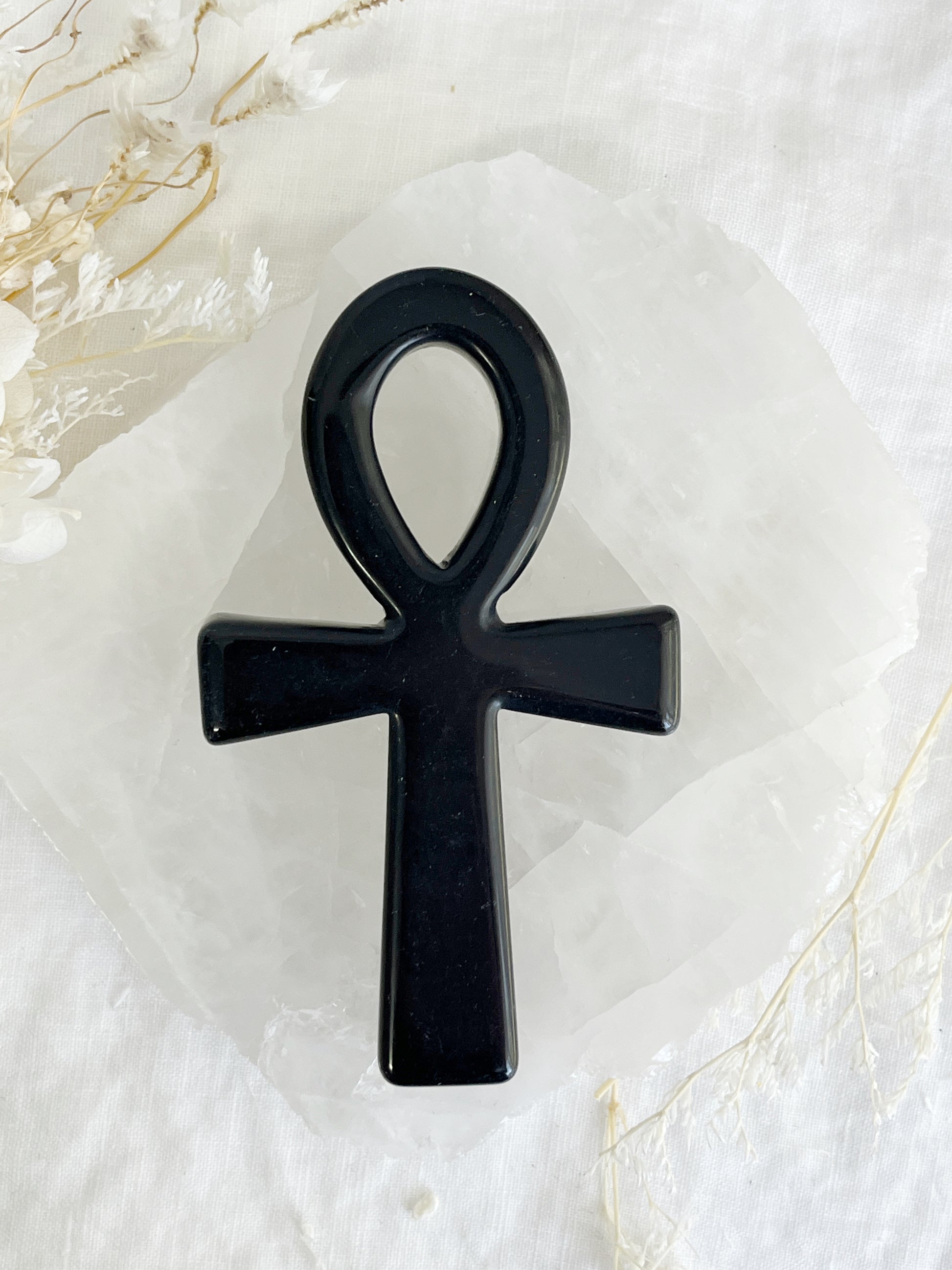 obsidian ankh carving, stoned and saged crystal shop Australia